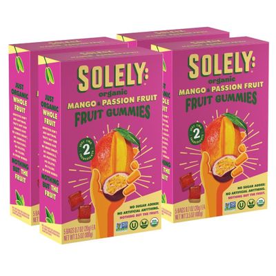SOLELY - Organic Mango & Passion Fruit Whole Fruit Gummies (Pack of 4 Boxes, 5 Bags per Box) - Fresh Fruit - Healthy Snacks for Adults & Kids - Non GMO, Vegan Snacks, Shelf Stable - 20 Bags (3.5 oz)