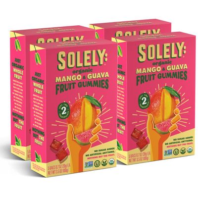 SOLELY - Organic Mango & Guava Whole Fruit Gummies (Pack of 4 Boxes, 5 Bags per Box) - Real Fresh Fruit - Healthy Snacks for Adults & Kids - Non GMO, Vegan Snacks, Shelf Stable - 20 Bags (3.5 oz)