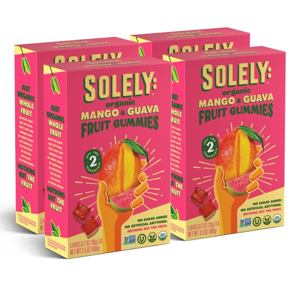 SOLELY - Organic Mango & Guava Whole Fruit Gummies (Pack of 4 Boxes, 5 Bags per Box) - Real Fresh Fruit - Healthy Snacks for Adults & Kids - Non GMO, Vegan Snacks, Shelf Stable - 20 Bags (3.5 oz)