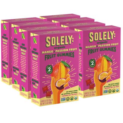 SOLELY - Organic Mango & Passion Fruit Whole Fruit Gummies (Pack of 8 Boxes, 5 Bags per Box) - Fresh Fruit - Healthy Snacks for Adults & Kids - Non GMO, Vegan Snacks, Shelf Stable - 40 Bags (3.5 oz)