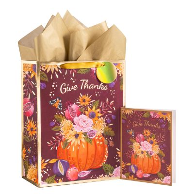 LeZakaa Thanksgiving Gift Bag, Pumpkin Bouquet Give Thanks Metallic Foil Autumn Design, Matching Tissue Paper, Greeting Card and Tag, for Fall Thanksgiving, Holiday Celebration, 13" x 10" x 5", 1 Pcs