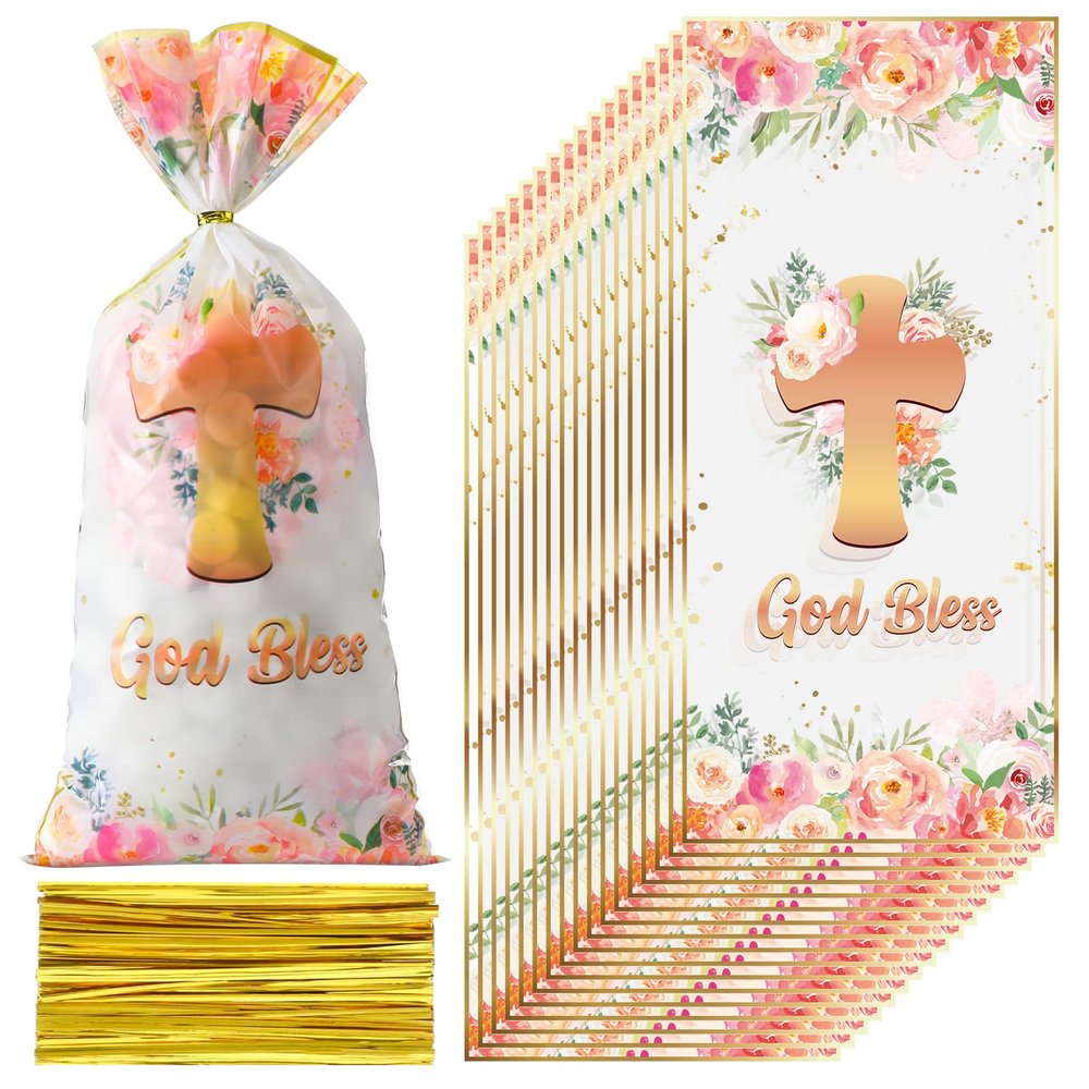 Hotop 100 Pcs Baptism Cellophane Bags Baptism Gift Treat Bag Goodie Candy Bags with 150 Ties First Communion Party Decorations Supplies Christening Confirmation(Flower)