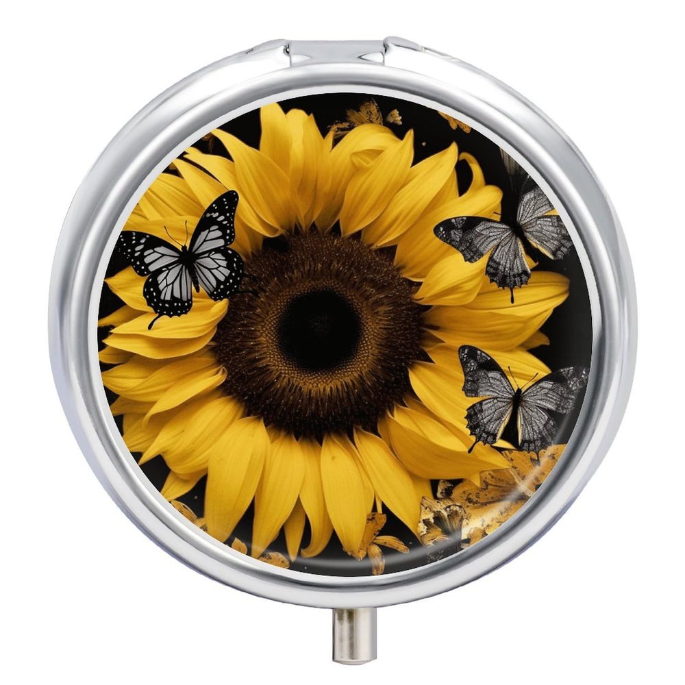 Round Pill Box 3 Compartment Pill Case for Purse & Pocket Small Pill Organizer Butterfly and Sunflower Travel Pillbox Portable Oil Storage Box Metal Medicine Vitamin Organizer Unique Gift