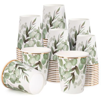 WRAPAHOLIC 50 Pcs Greenery Paper Cups - 9 oz Eucalyptus Disposable Cups, Coffee Cups, Hot/Cold Beverage Drinking Cups for Water Juice, Perfect for Home, Office and Party Supplies