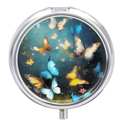Round Pill Box 3 Compartment Pill Case for Purse & Pocket Small Pill Organizer Butterflies Travel Pillbox Portable Oil Storage Box Metal Medicine Vitamin Organizer Unique Gift