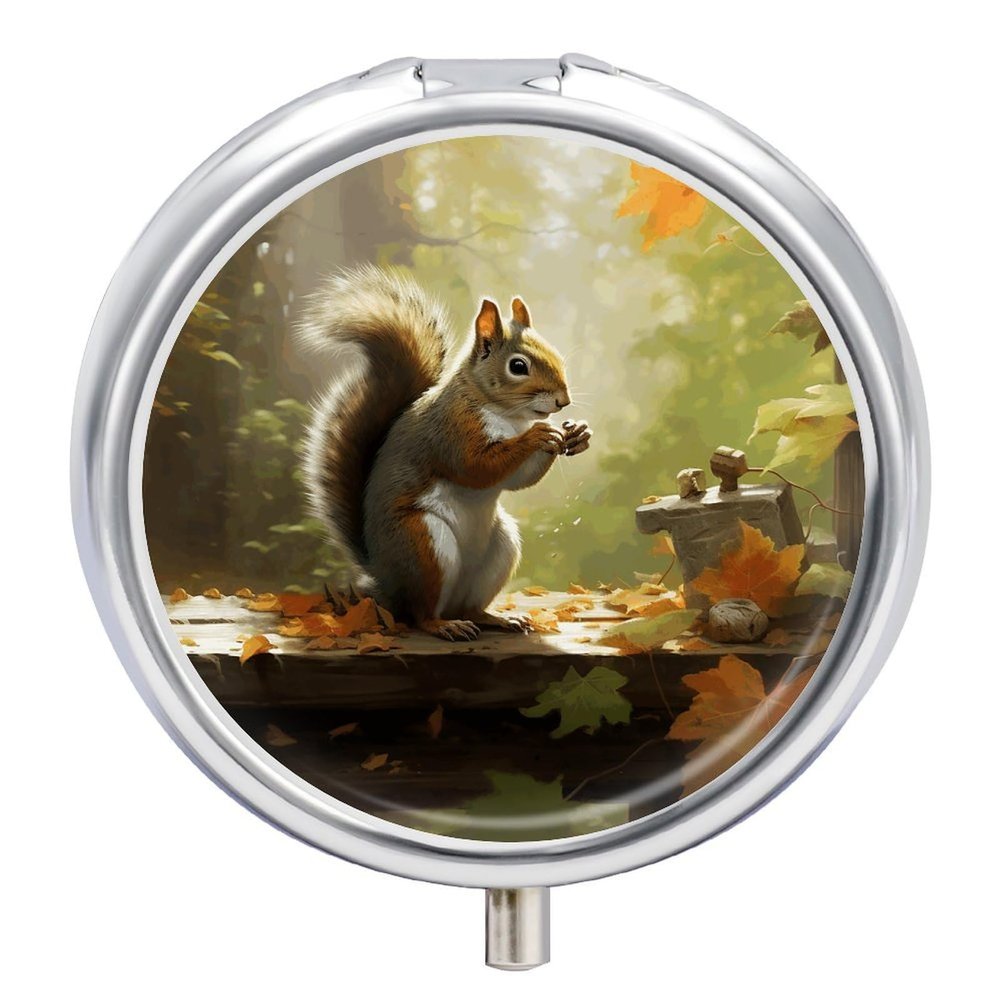 Round Pill Box 3 Compartment Pill Case for Purse & Pocket Small Pill Organizer Squirrel Eats Nuts Travel Pillbox Portable Oil Storage Box Metal Medicine Vitamin Organizer Unique Gift