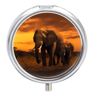 Round Pill Box 3 Compartment Pill Case for Purse & Pocket Small Pill Organizer Sunset Parent-Child Elephant Travel Pillbox Portable Oil Storage Box Metal Medicine Vitamin Organizer Unique Gift