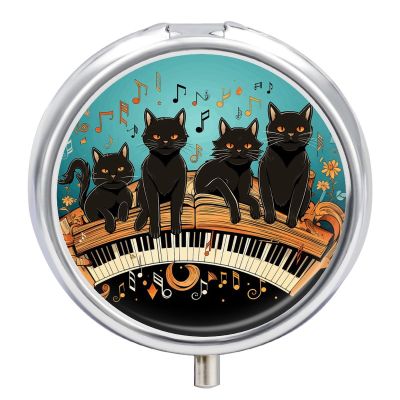 Round Pill Box 3 Compartment Pill Case for Purse & Pocket Small Pill Organizer Four Black Cats Lying on The Piano Keyboard Travel Pillbox Portable Oil Storage Box Metal Medicine Vitamin Organizer Uniq