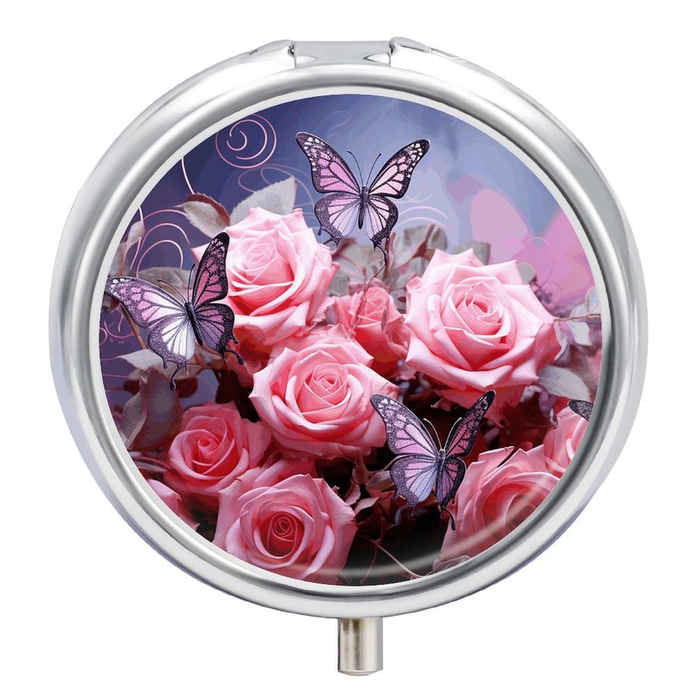 Round Pill Box 3 Compartment Pill Case for Purse & Pocket Small Pill Organizer Pink Roses and Butterflies Travel Pillbox Portable Oil Storage Box Metal Medicine Vitamin Organizer Unique Gift