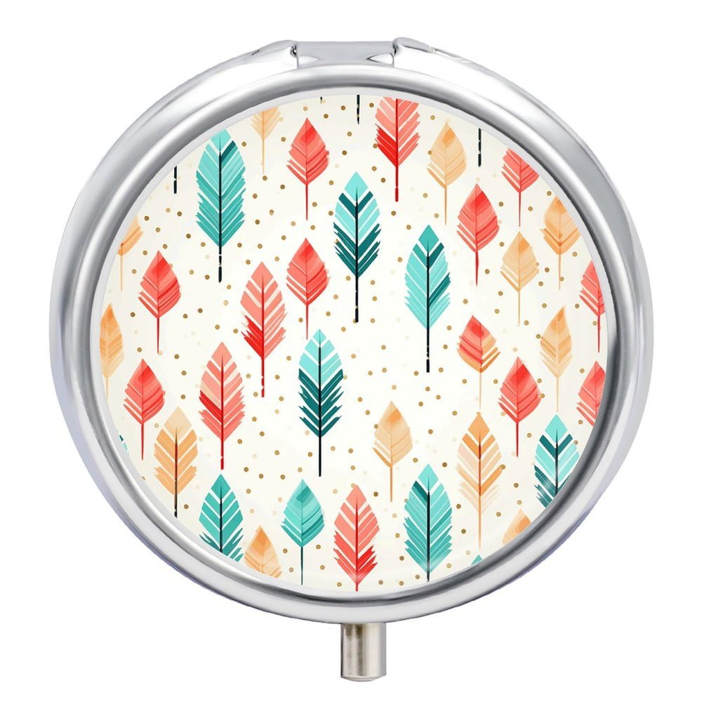 Round Pill Box 3 Compartment Pill Case for Purse & Pocket Small Pill Organizer Coral and Teal Arrows Travel Pillbox Portable Oil Storage Box Metal Medicine Vitamin Organizer Unique Gift