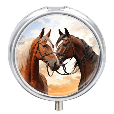 Round Pill Box 3 Compartment Pill Case for Purse & Pocket Small Pill Organizer Couple Horse Travel Pillbox Portable Oil Storage Box Metal Medicine Vitamin Organizer Unique Gift