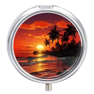 CSGJMYGS Round Pill Box 3 Compartment Pill Case for Purse & Pocket Small Pill Organizer Tropical Sunset Travel Pillbox Portable Oil Storage Box Metal Medicine Vitamin Organizer Unique Gift, Style-1-1