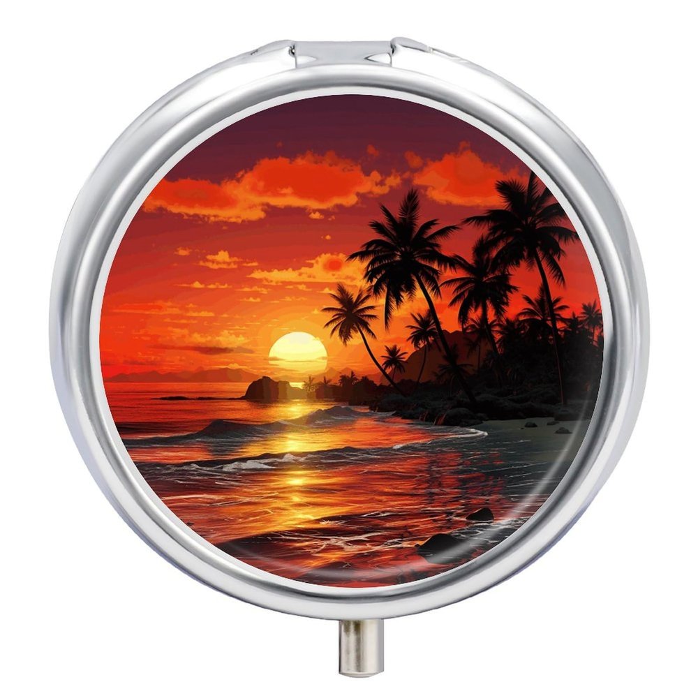 CSGJMYGS Round Pill Box 3 Compartment Pill Case for Purse & Pocket Small Pill Organizer Tropical Sunset Travel Pillbox Portable Oil Storage Box Metal Medicine Vitamin Organizer Unique Gift, Style-1-1