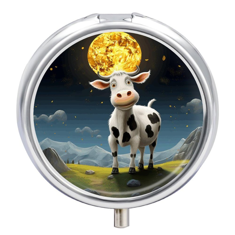 Round Pill Box 3 Compartment Pill Case for Purse & Pocket Small Pill Organizer Cow Over The Moon Travel Pillbox Portable Oil Storage Box Metal Medicine Vitamin Organizer Unique Gift
