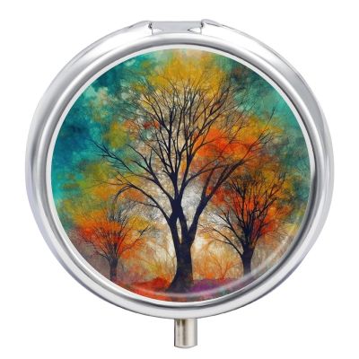 Round Pill Box 3 Compartment Pill Case for Purse & Pocket Small Pill Organizer Colorful Life Trees Travel Pillbox Portable Oil Storage Box Metal Medicine Vitamin Organizer Unique Gift