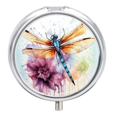 Round Pill Box 3 Compartment Pill Case for Purse & Pocket Small Pill Organizer Dragonfly Watercolor Painting Travel Pillbox Portable Oil Storage Box Metal Medicine Vitamin Organizer Unique Gift