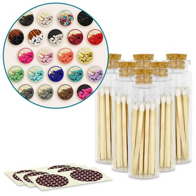 2" Matches in 6 Glass Bottles Cork Top, Striker Stickers Included | 120 Matchsticks Color of Your Choice | Decorative Safety Matches w/Small Glass Holder | Gifts & Home Decor by Thankful Greetings