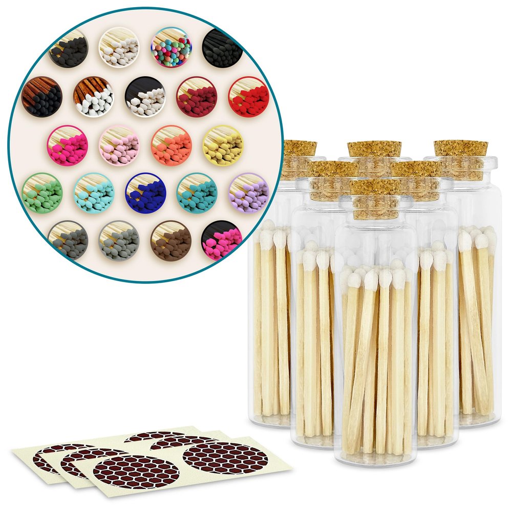 2" Matches in 6 Glass Bottles Cork Top, Striker Stickers Included | 120 Matchsticks Color of Your Choice | Decorative Safety Matches w/Small Glass Holder | Gifts & Home Decor by Thankful Greetings