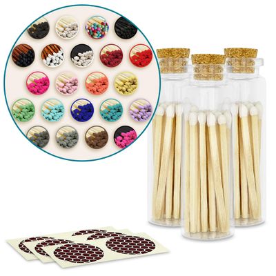 2" Matches in 3 Glass Bottles Cork Top, Striker Stickers Included | 60 Matchsticks Color of Your Choice | Decorative Safety Matches w/Small Glass Holder | Gifts & Home Decor by Thankful Greetings