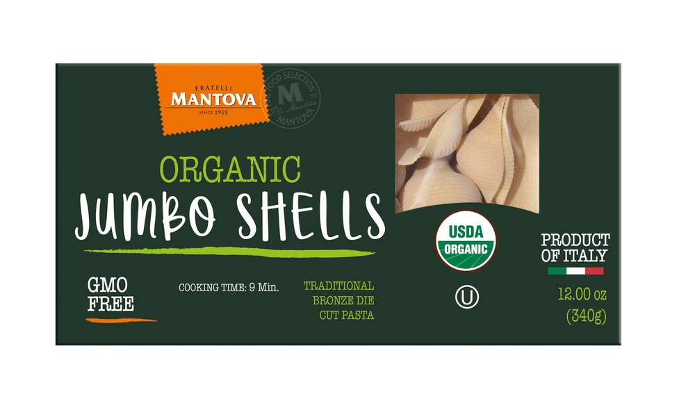 Mantova Organic Jumbo Shells Pasta, 12oz boxes (Pack of 2), Non-GMO, Product of Italy, Made with Organic Durum Wheat Semolina, Great for Stuffing