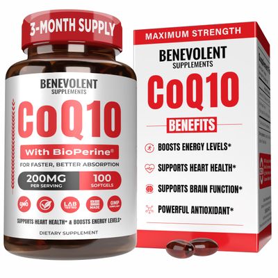 Benevolent Pure CoQ10 200mg Softgels with BioPerine for Max Absorption, Ubiquinone Coenzyme Q10 Supplement for Heart Health, Energy Production, Healthy Aging & Antioxidant Support, 100 Softgels