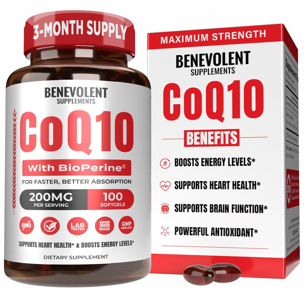 Benevolent Pure CoQ10 200mg Softgels with BioPerine for Max Absorption, Ubiquinone Coenzyme Q10 Supplement for Heart Health, Energy Production, Healthy Aging & Antioxidant Support, 100 Softgels