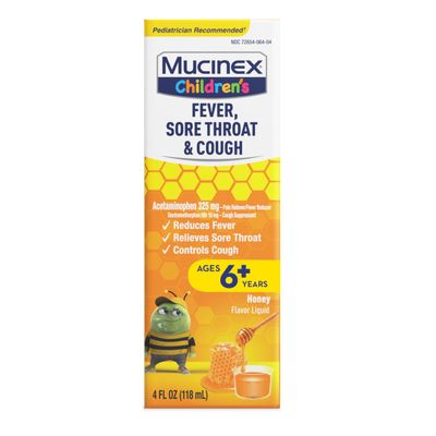 Mucinex Children's Fever, Sore Throat, & Cough Medicine for Multi-Symptom Relief, Honey Flavor Liquid, 4 Fl Oz