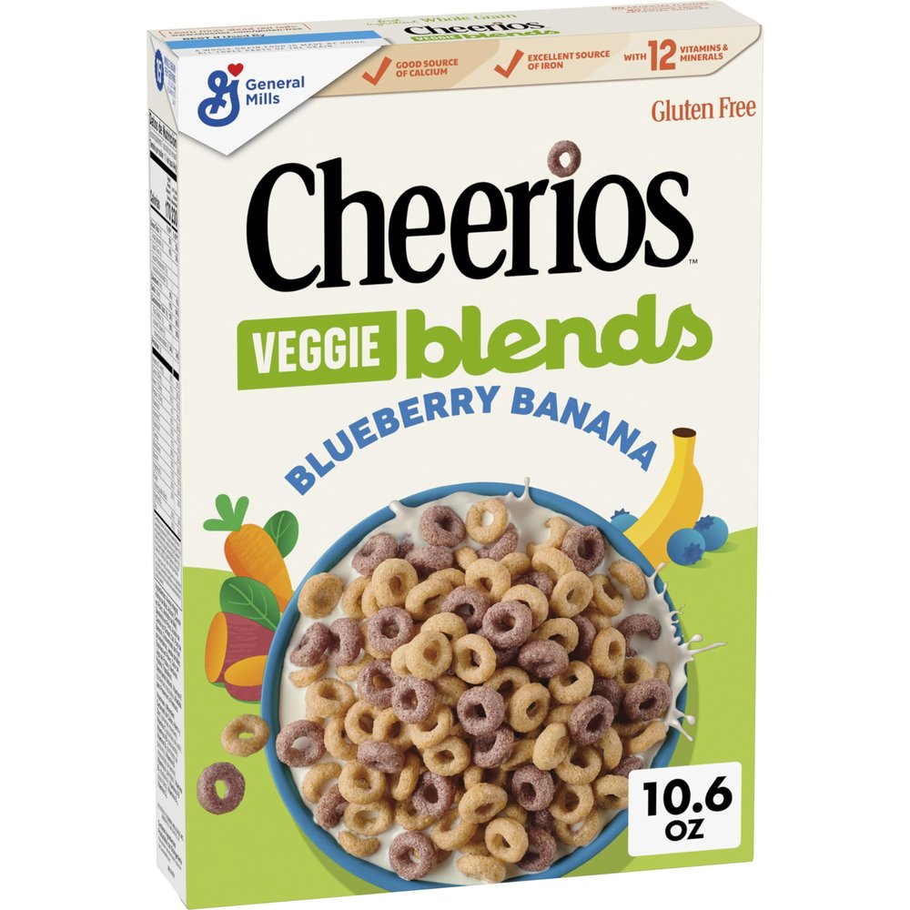 Cheerios Veggie Blends Breakfast Cereal, Blueberry Banana, Made with Fruits and Veggies, 10.6 oz