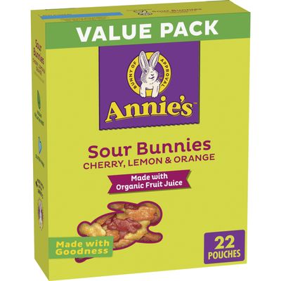 Annie's Sour Bunnies Fruit Flavored Snacks, Cherry, Lemon & Orange Flavors, Made With Organic Fruit Juice, Value Pack, 15.4 oz