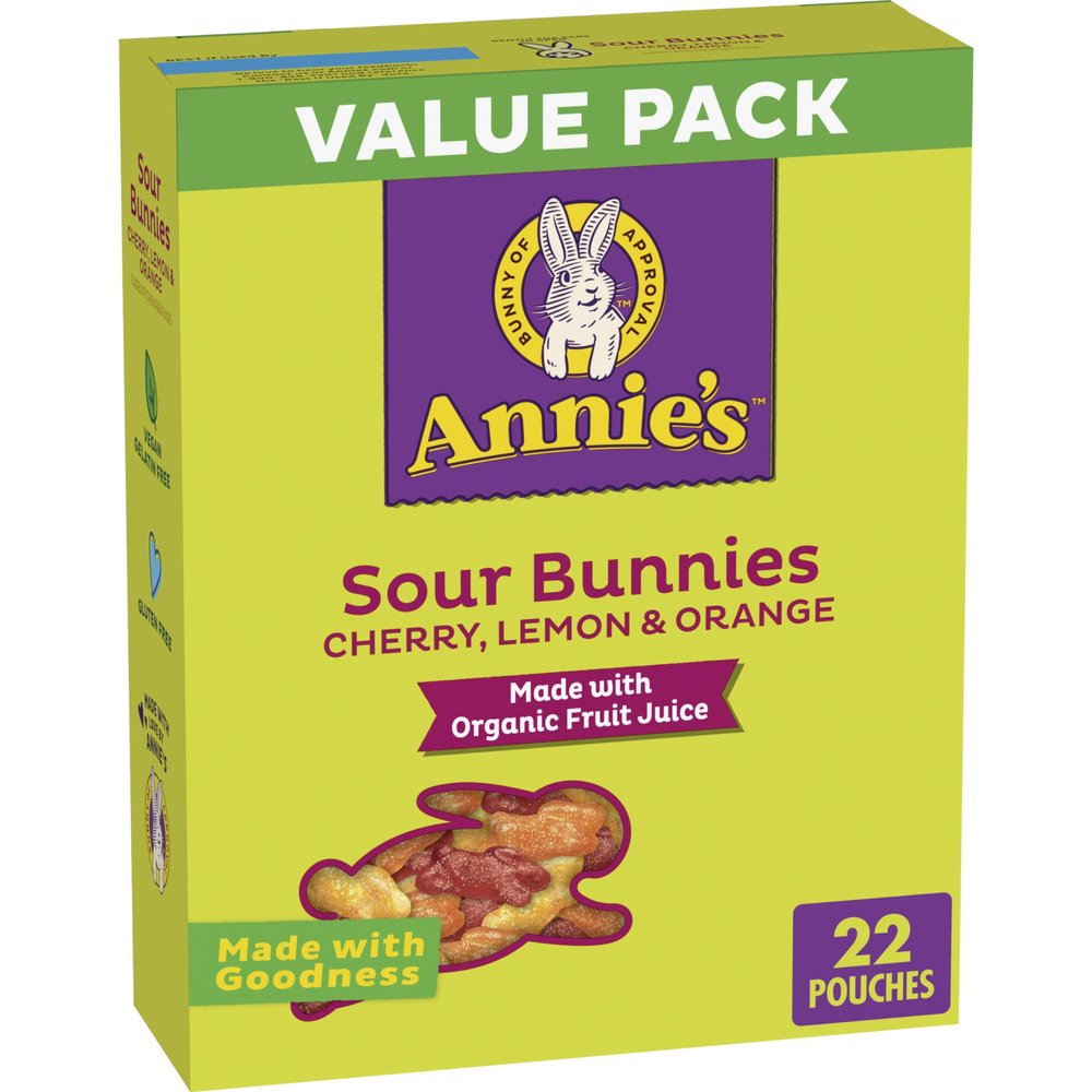 Annie's Sour Bunnies Fruit Flavored Snacks, Cherry, Lemon & Orange Flavors, Made With Organic Fruit Juice, Value Pack, 15.4 oz