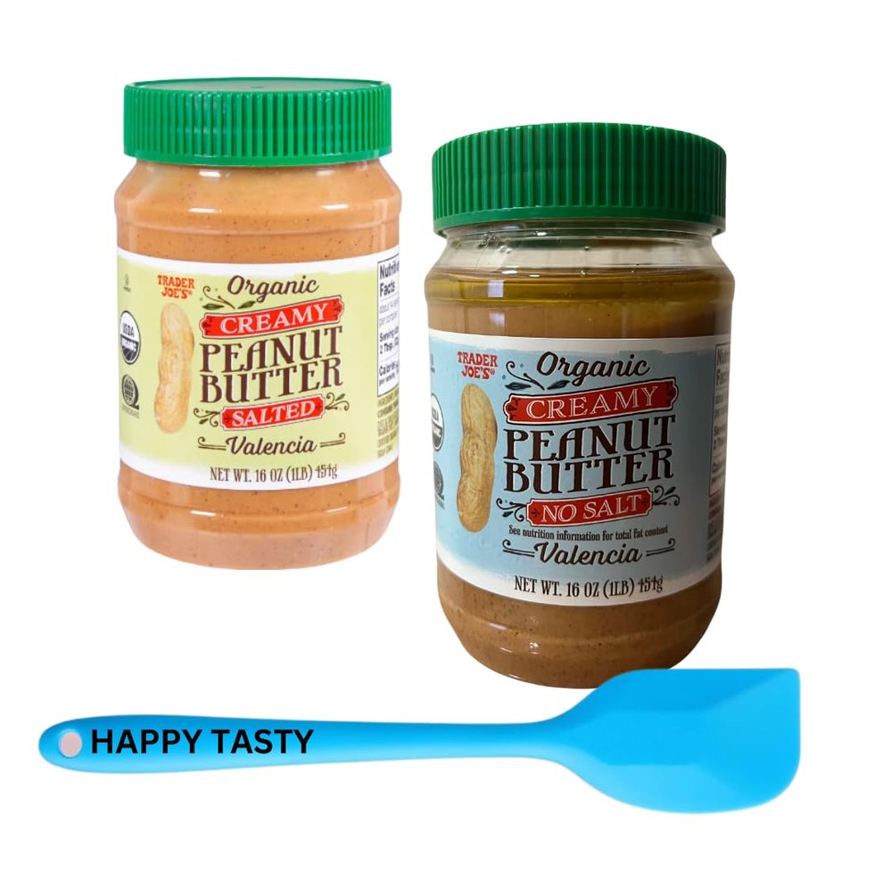 Variety Pack - Trader Joe's Organic Creamy Peanut Butter (1 Salted and 1 No Salt) - Total of 2 Jars With 1 HappyTasty Silicone Spatula (Color May Vary)