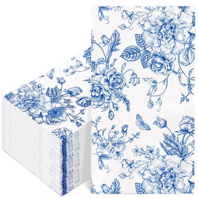 100Pcs Floral Guest Napkins Disposable Blue Wildflower Paper Napkins Chinoiserie Flower Dinner Hand Napkin for Party Supplies Table Decorations