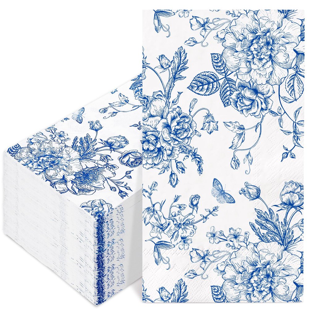 100Pcs Floral Guest Napkins Disposable Blue Wildflower Paper Napkins Chinoiserie Flower Dinner Hand Napkin for Party Supplies Table Decorations
