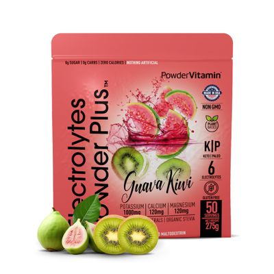 PowderVitamin Electrolytes Powder Plus (50 Servings) Guava Kiwi Electrolyte Powder Zero Calorie Keto, 0 Sugar, No Maltodextrin,1000mg Potassium,120mg Calcium,120mg Magnesium, Hydration Powde