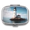 Pill Box Portable Pill Case for Pocket Light House Ocean Travel Small Pill Organizer 2 Compartment Metal Pill Container Holder for Medicine Vitamins Fish Oil Supplements view 1