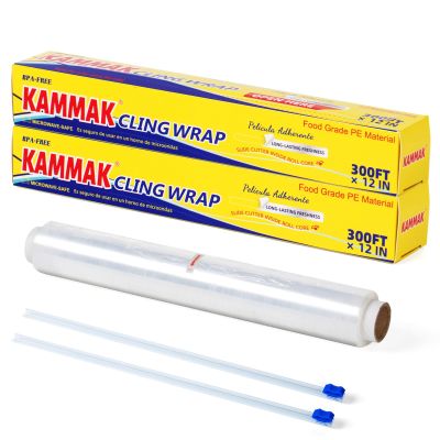 KAMMAK Plastic Wrap with Slide Cutter Food Cling Wrap 12 Inch Kitchen Cling Film BPA-Free Microwave-Safe 300 Ft Roll Food Service Film Quick Cut for Restaurant (2 Pack)
