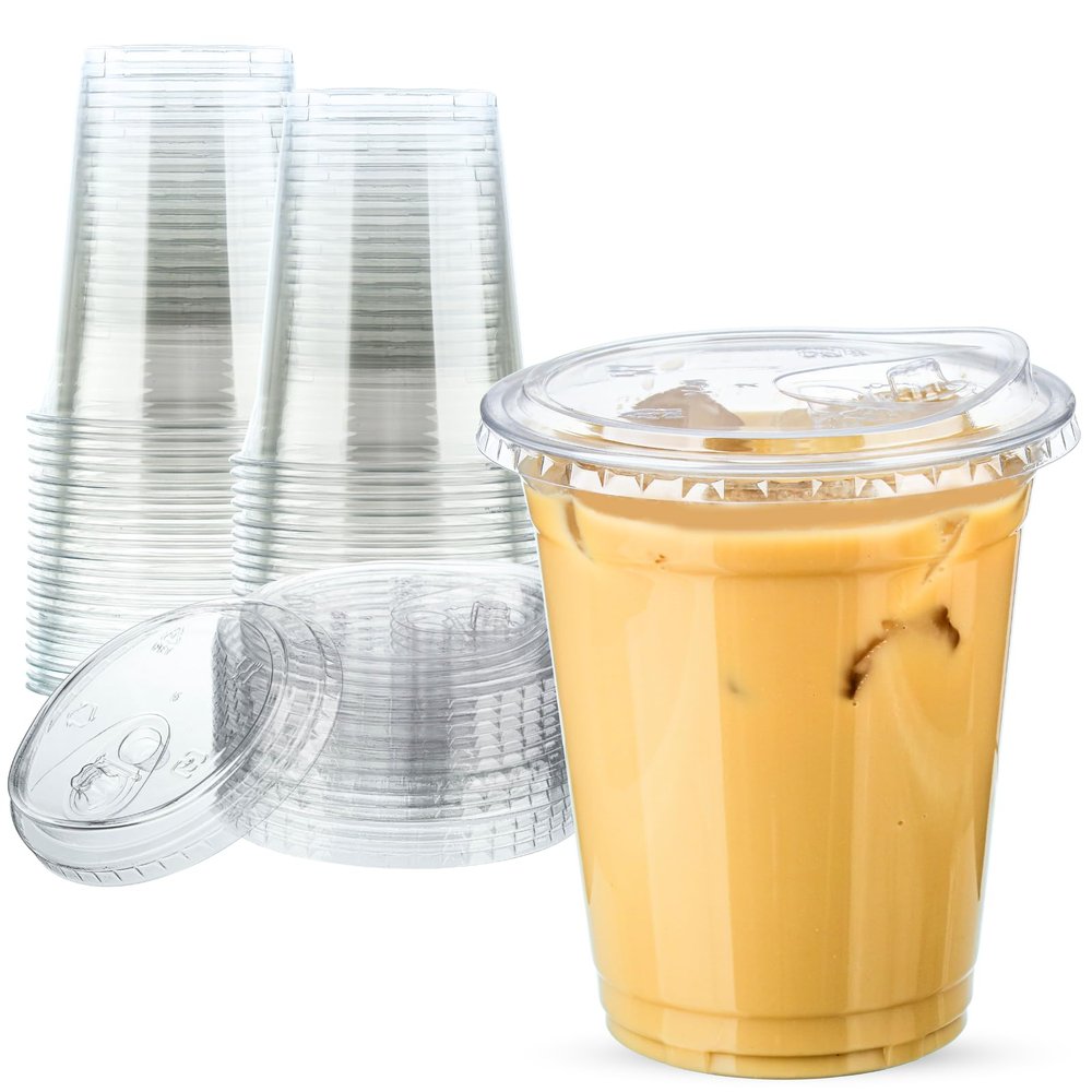 Aestleaf 20 oz Clear Plastic Cups with Lids, 25 Sets Disposable Plastic Iced Coffee Cups with Strawless Sip-Lids, To Go Coffee Cup for Smoothie, Milkshake, Cold Drinks
