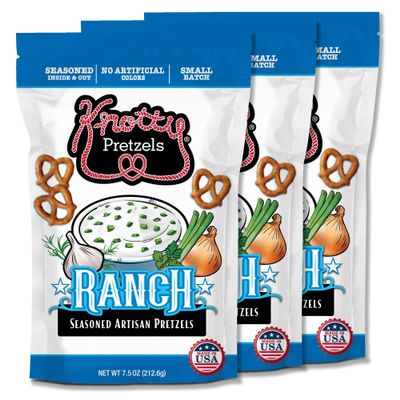 Knotty Pretzels The Official Pretzel of Beer 7.5 oz Individual Seasoned Pretzels in Resealable Pretzel Snack Bags, The Perfect Pairing for Beer, Ranch Flavor (3-Pack)