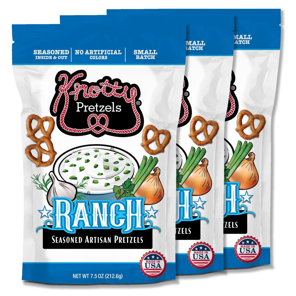 Knotty Pretzels The Official Pretzel of Beer 7.5 oz Individual Seasoned Pretzels in Resealable Pretzel Snack Bags, The Perfect Pairing for Beer, Ranch Flavor (3-Pack)