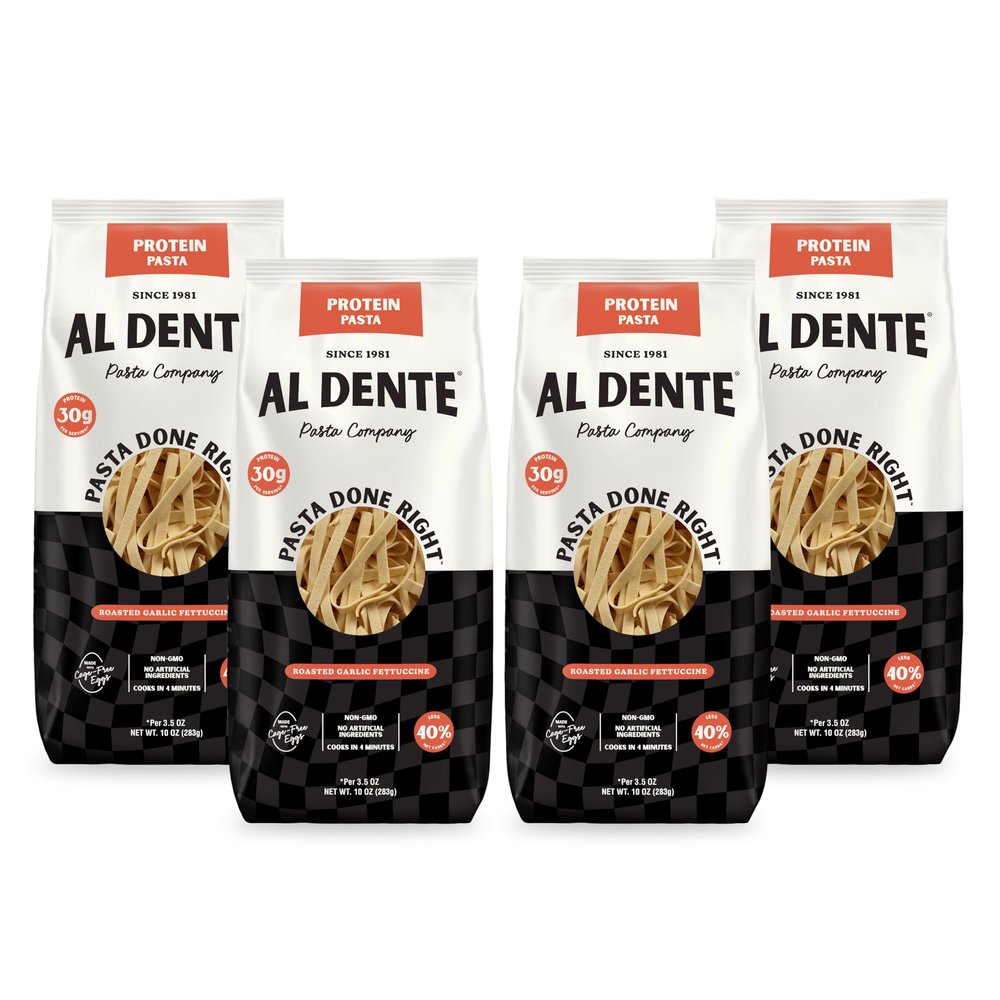 Al Dente Protein Pasta Roasted Garlic Fettuccine  30g High Protein in 3.5oz Serving, Lower Carb. Cage-Free Eggs & Semolina. (Previously Carba-Nada, Packaging May Vary) - 10oz Bags (Pack of 4)