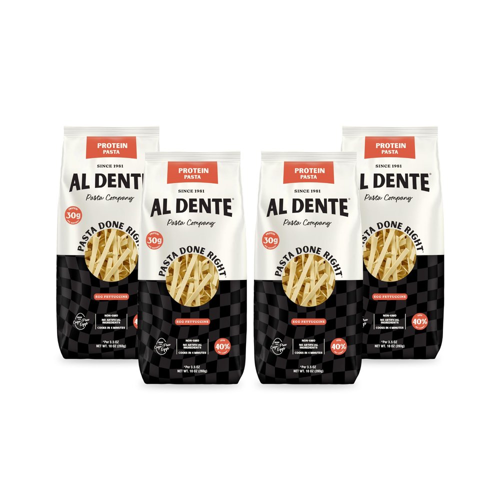 Al Dente Protein Pasta Egg Fettuccine 30g High Protein in 3.5oz Serving, Lower Carb, High Fiber. Cage-Free Eggs & Semolina. (Previously Carba-Nada, Packaging May Vary) - 10oz Bags (Pack of 4)