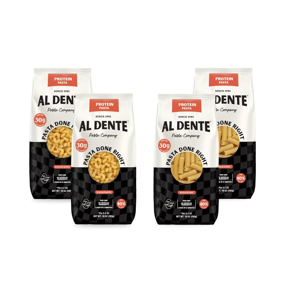 Al Dente Protein Pasta Cavatappi & Rigatoni  30g High Protein in 3.5oz Serving, Lower Carb, High Fiber. Cage-Free Eggs & Semolina. (Previously Carba-Nada, Packaging May Vary) - 10oz Bags (Pack of 4)
