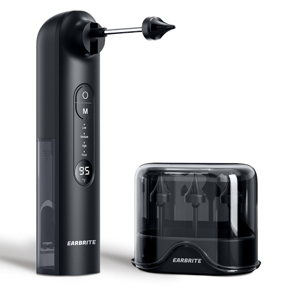 EarBrite Water Powered Ear Cleaner - Ear Wax Removal Tool - Earwax Washer Lavage Kit - Inner Ear Flusher Irrigation System (Black)
