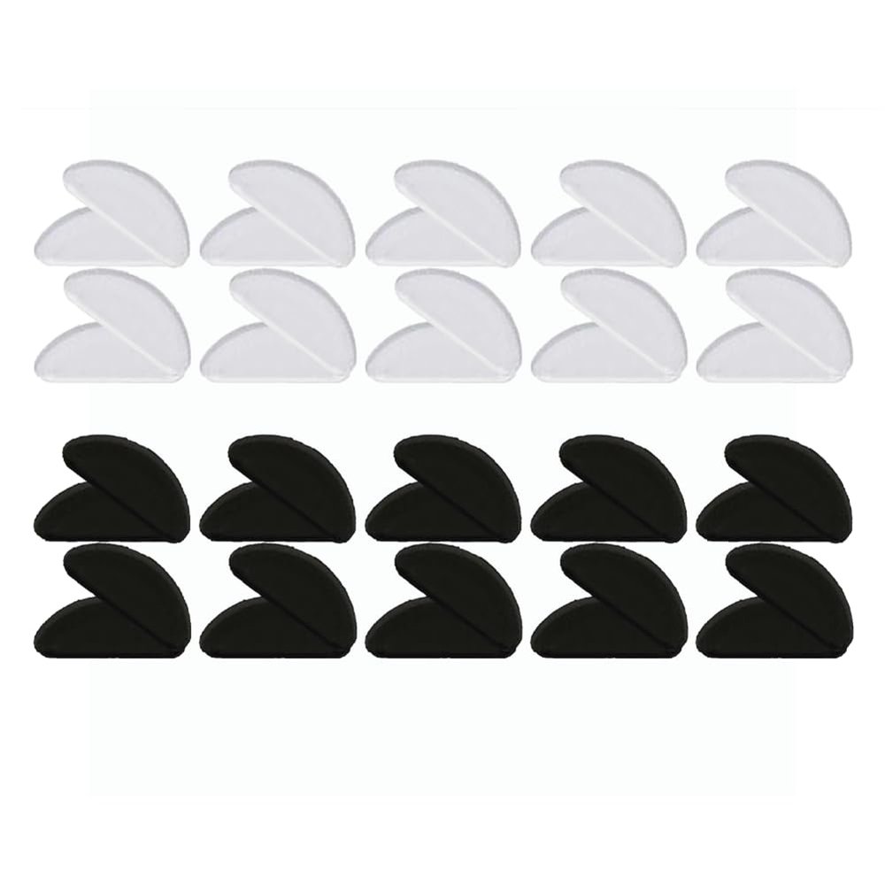 1mm Ultra-Thin / 19mm Long Length - Anti-Slip Adhesive Contoured Silicone Eyeglass Nose Pads with Super Sticky Backing for Glasses, Sunglasses, and Eye Wear - 20 Pair (10 Clear, 10 Black)