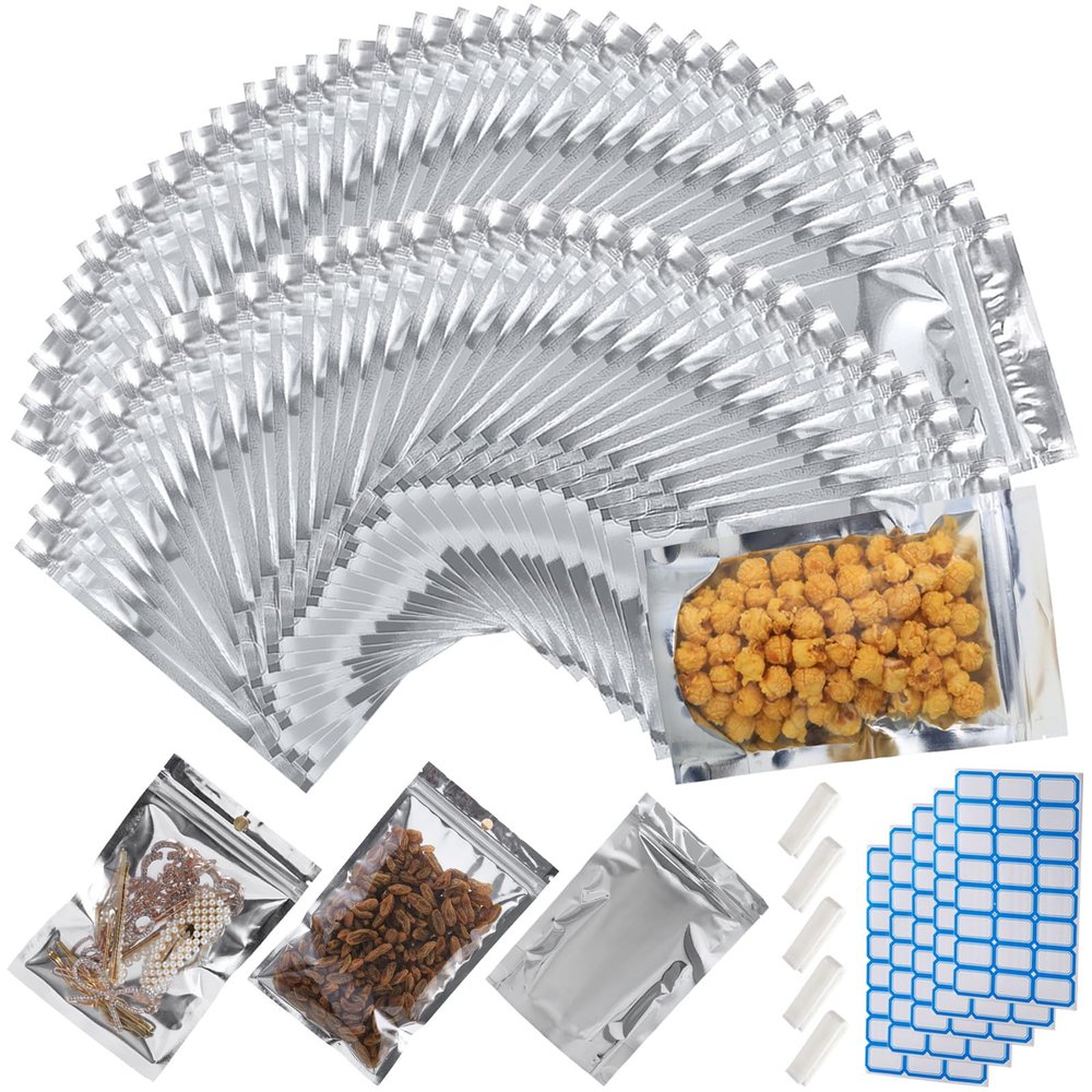 200-Pack 4.7" x 6.7" Small Reclosable Mylar Bags for Food Storage Stand Up Pouch Bags Bulk Resealable Smell Proof Aluminum Silver Foil Bags with Clear Window Kitchen Storage Edible Packaging