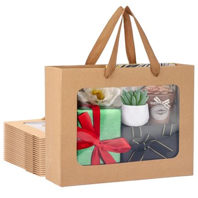 EUSOAR Gift Bags with Transparent Window, 20pcs 10.6"x3.1"x8.3" Brown Clear Paper Bags with Handles, Bouquet Tote Gift Shopping Bag Bulk for Wrapping Wedding Festival Bridal Party