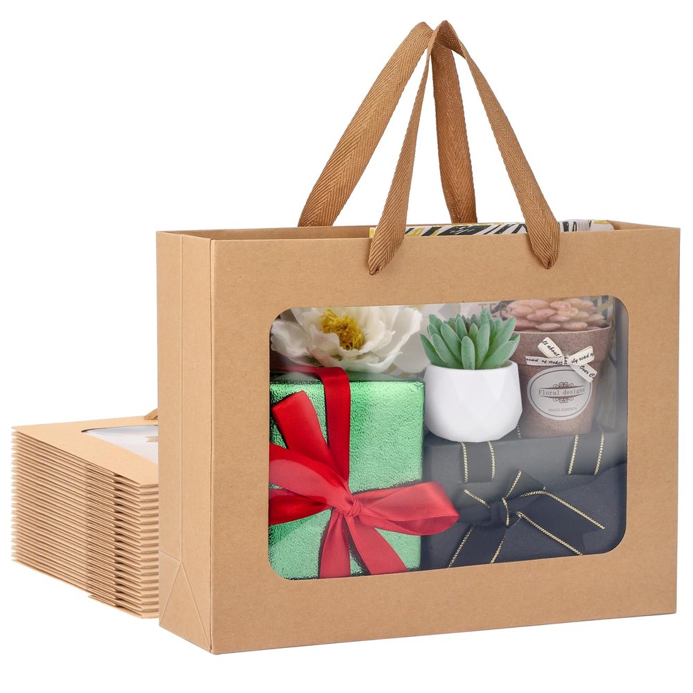 EUSOAR Gift Bags with Transparent Window, 20pcs 10.6"x3.1"x8.3" Brown Clear Paper Bags with Handles, Bouquet Tote Gift Shopping Bag Bulk for Wrapping Wedding Festival Bridal Party