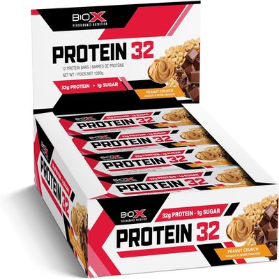BioX Protein 32 Bar | High Protein, High Fibre, & Low Sugar Bar | 32g Protein, 1g Sugar, 8g Fibre | Sourced From Casein, Whey Protein Isolate, Hydrolyzed Whey Protein | Box of 12 Bars (Peanut Crunch)