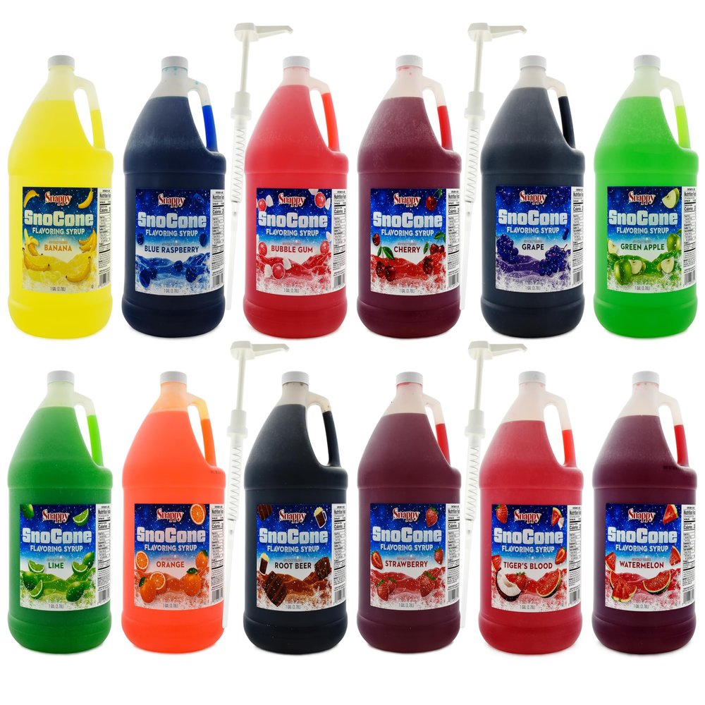 Snappy Sno Cone Syrup Mix & Match 4 Pack with 4 Syrup Pumps, 1 Gallon (128 ounces) Sizes, Ready to Use for Snow Cone Machines, Flavored Syrup for Shaved Ice, 14 Flavor Options