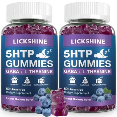 2 Pack 300MG 5-HTP GABA Sleep Supplement Gummies with 200mg L-Theanine Supplement for Brain, Mood Stabilizer and Sleep Support, Melatonin-Free, Omega 3-6-9 for Natural Zzzs, Blueberry Flavor